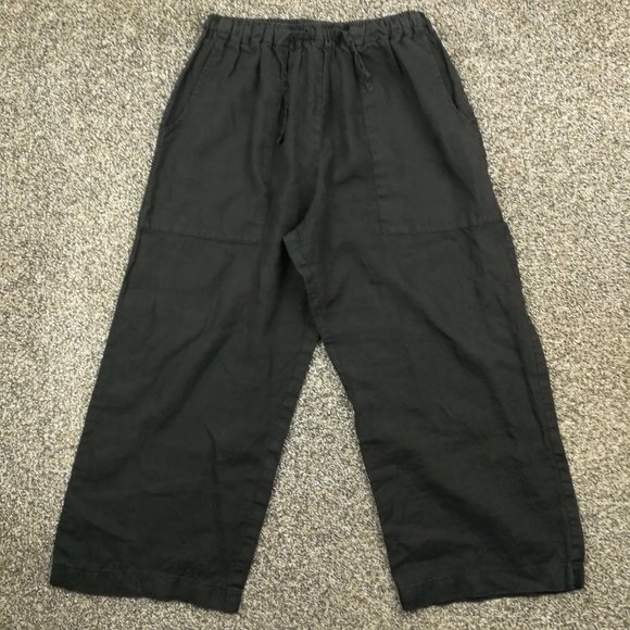 Eskandar Pants 100% Linen 24" Cropped Capri Drawstring Elastic Waist Black Sz 1